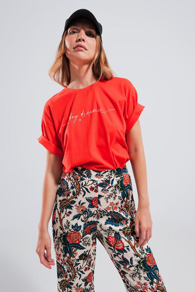 T Shirt With Text Print in Red