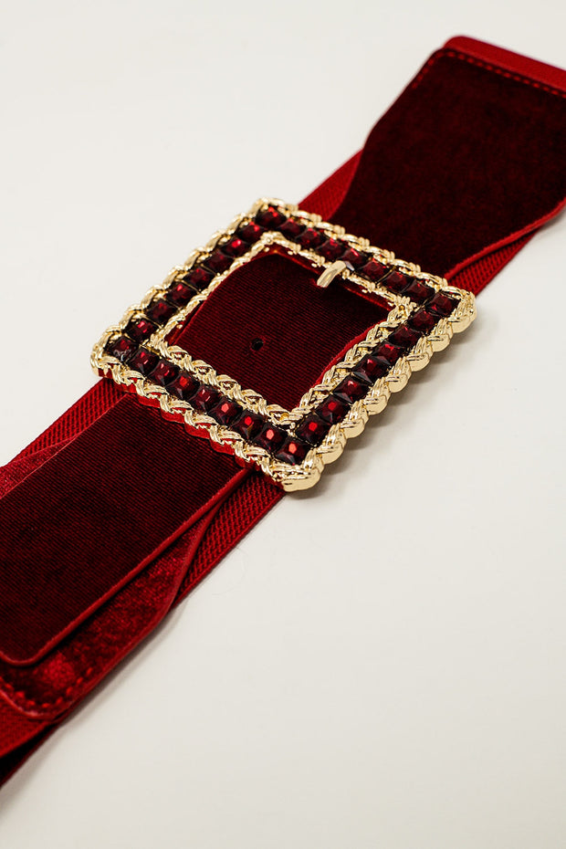 Square Red Belt With Rhinestones and Adjustable Elastic