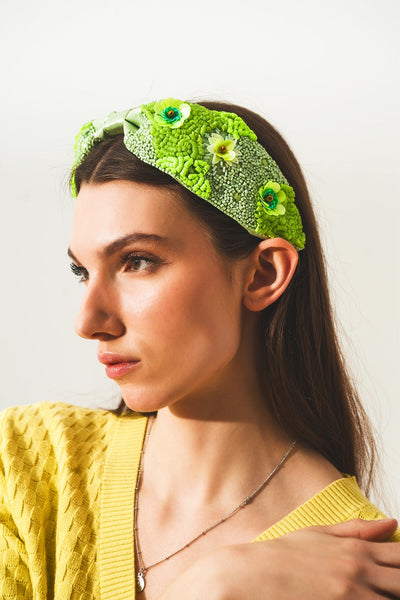 Chunky Headband With Embellished Green Flowers