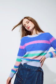 Multi Colored Sweater With Stripes Pink and Blue