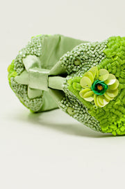 Chunky Headband With Embellished Green Flowers