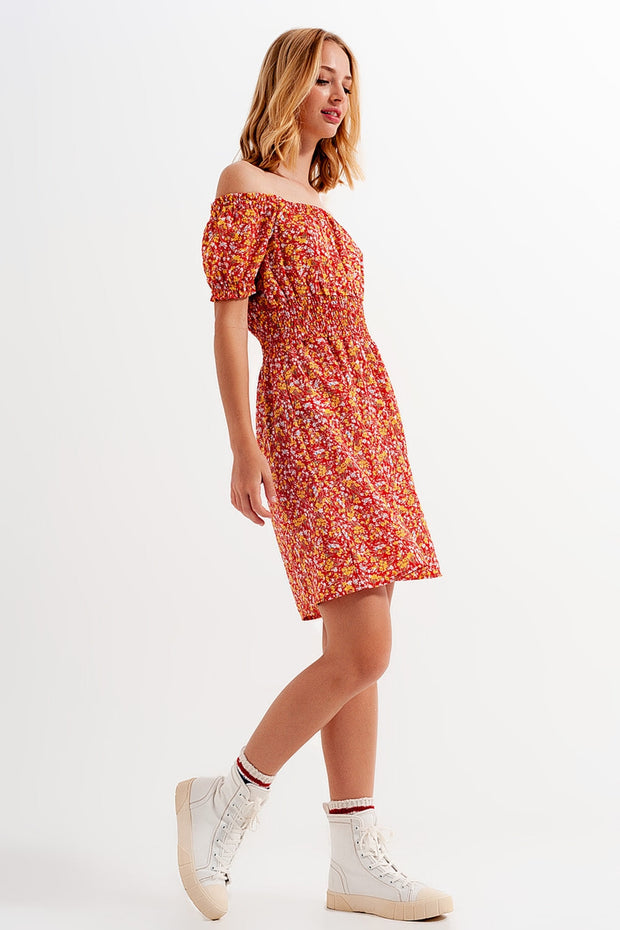 Mini Dress With Shirred Detail in Red Ditsy Floral Print
