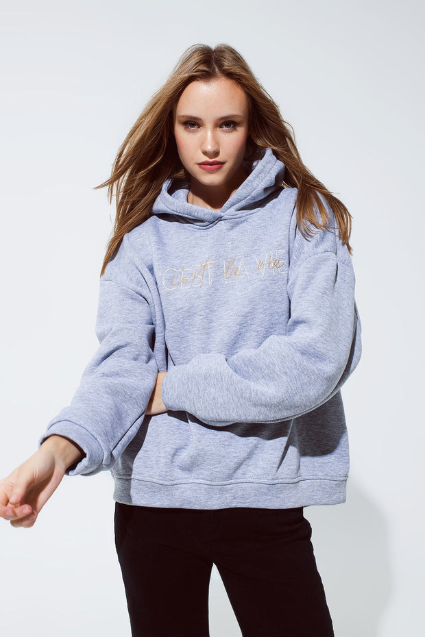 Grey Color Hoodie With Embroidered With Cést La Vie Text