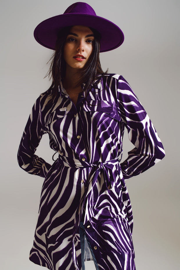 Midi Short Dress With Zebra Print in White and Purple
