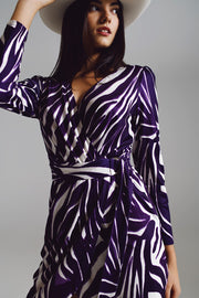 Wrapped Long Sleeve Dress With Belt in Cream and Purple Zebra Print
