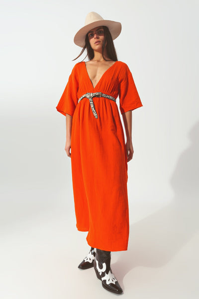 Textured V-Neck Maxi Dress in Orange