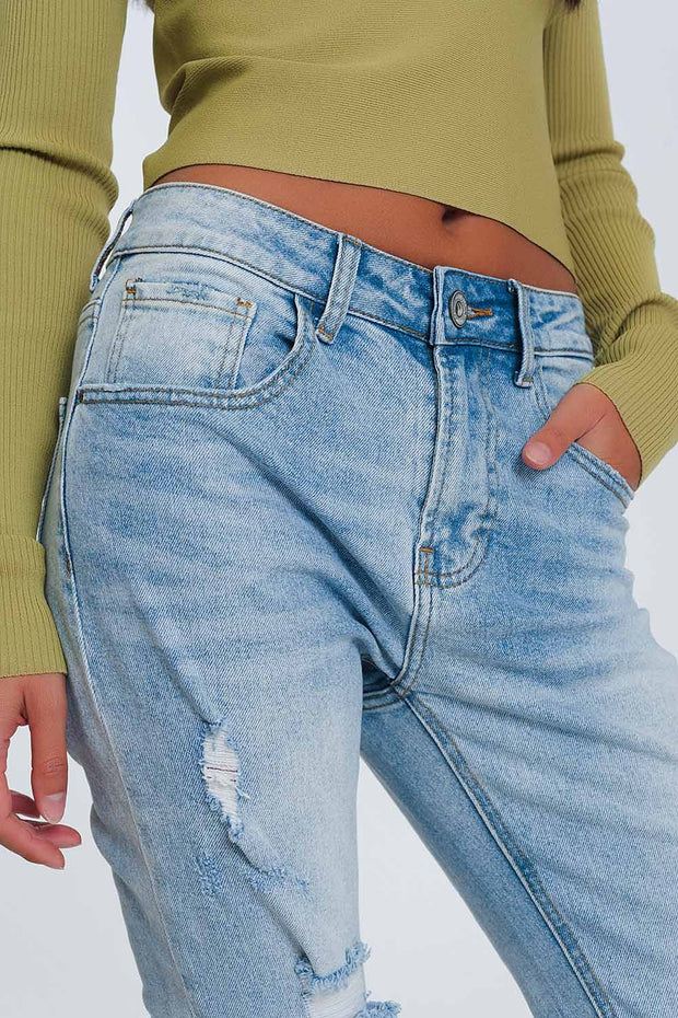 Ripped Boyfriend Jeans in Light Denim