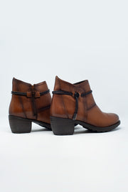 Brown Blocked Mid Heeled Ankle Boots With Round Toe