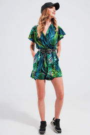 Wrap Jumpsuit in Green Tropical Print
