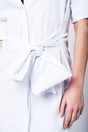 White Midi Dress With Waist Bow Detail