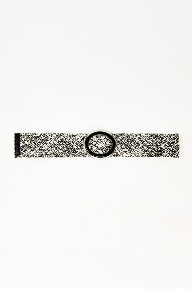 Round Buckle Braided Belt in Black and White