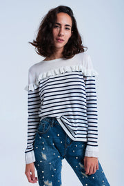 Navy Striped Sweater With Ruffles