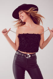 Faux Feather Crop Cami in Black