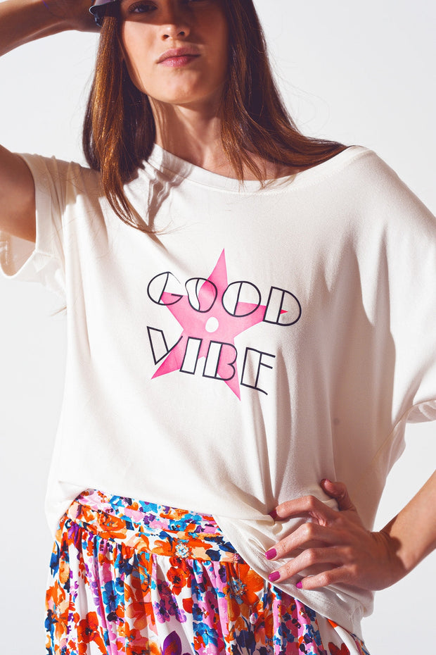 Boat Neack T-Shirt With Good Vibe Text in White and Pink