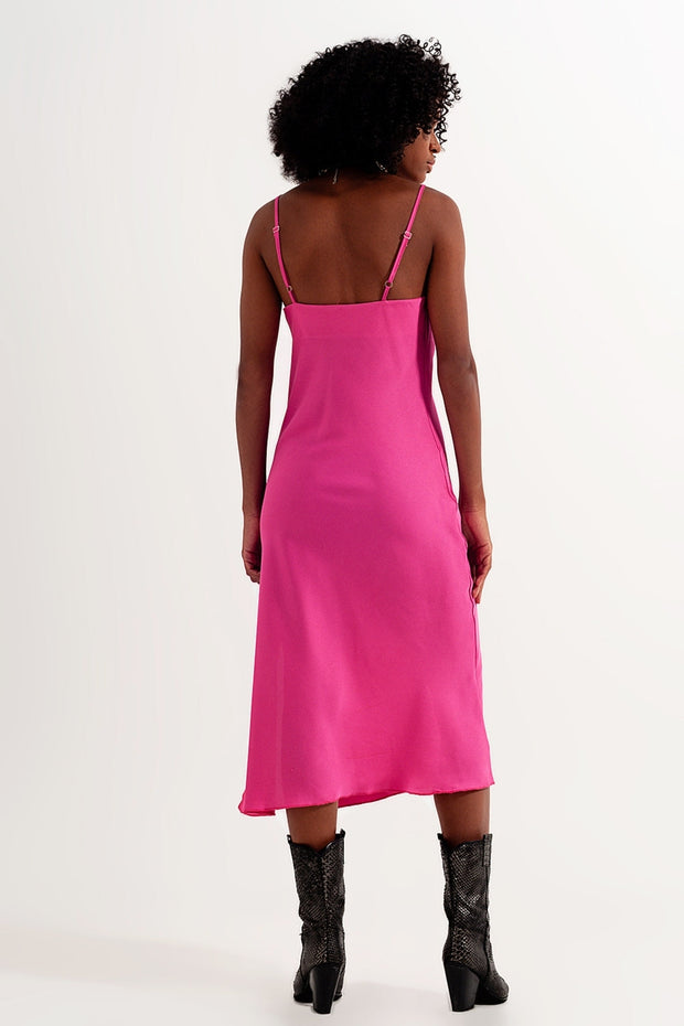 Cami Midi Slip Dress in High Shine Satin in Fuchsia