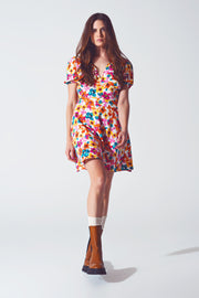 Short Dress With Cinched Waist in Multicolor Floral Print