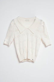 Knitted Pointelle Polo Neck Jumper in Cream