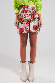 Mini Skirt With Knot Front in Rose Print
