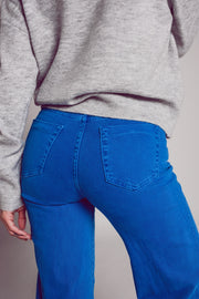 Cotton Blend Wide Leg Jeans in Blue