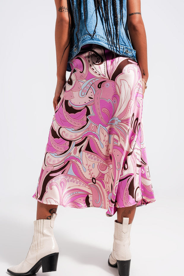 Midi Skirt in Abstract Print in Pink