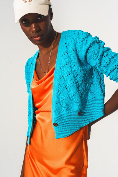 Pointelle Knitted Cardi in Blue