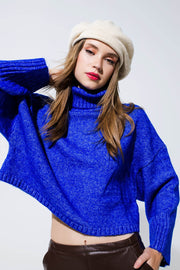 Cropped Chunky Knit Sweater With Turtle Neck in Blue