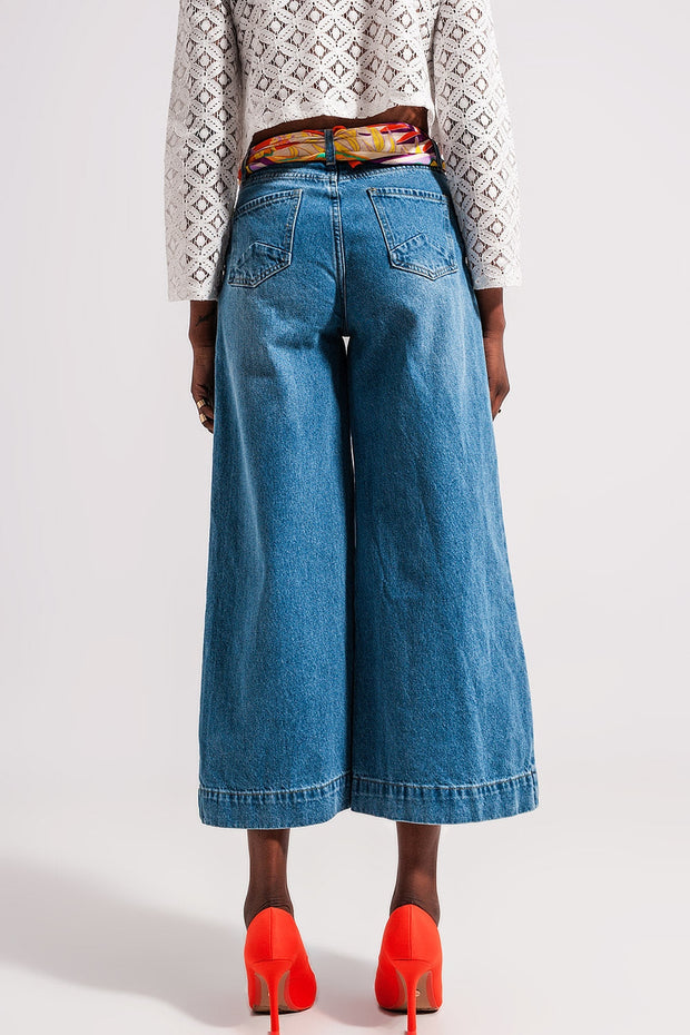 Cotton High Waist Cropped Jeans in Mid Wash 90s Blue
