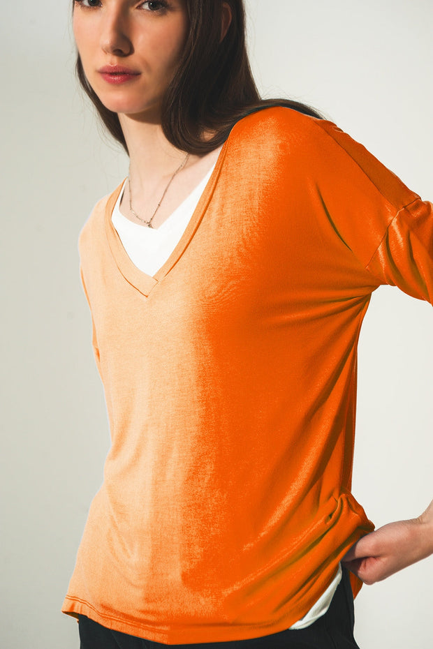 Long Sleeve v Neck Top in Modal in Orange