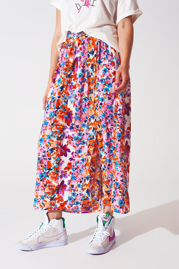 Flower Print Pleated Midi Skirt
