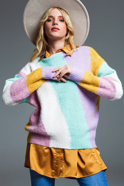 Relaxed Multicolor Diagonal Stripe Sweater With Boat Neck in Pastel Colors