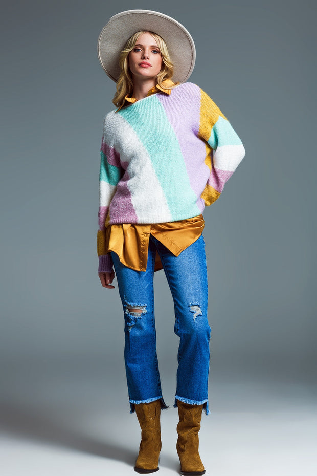 Relaxed Multicolor Diagonal Stripe Sweater With Boat Neck in Pastel Colors