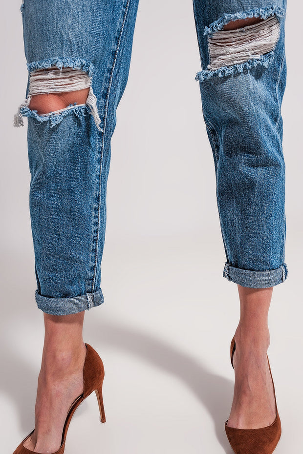 Asymmetric Button Detail Jeans in Mid Blue