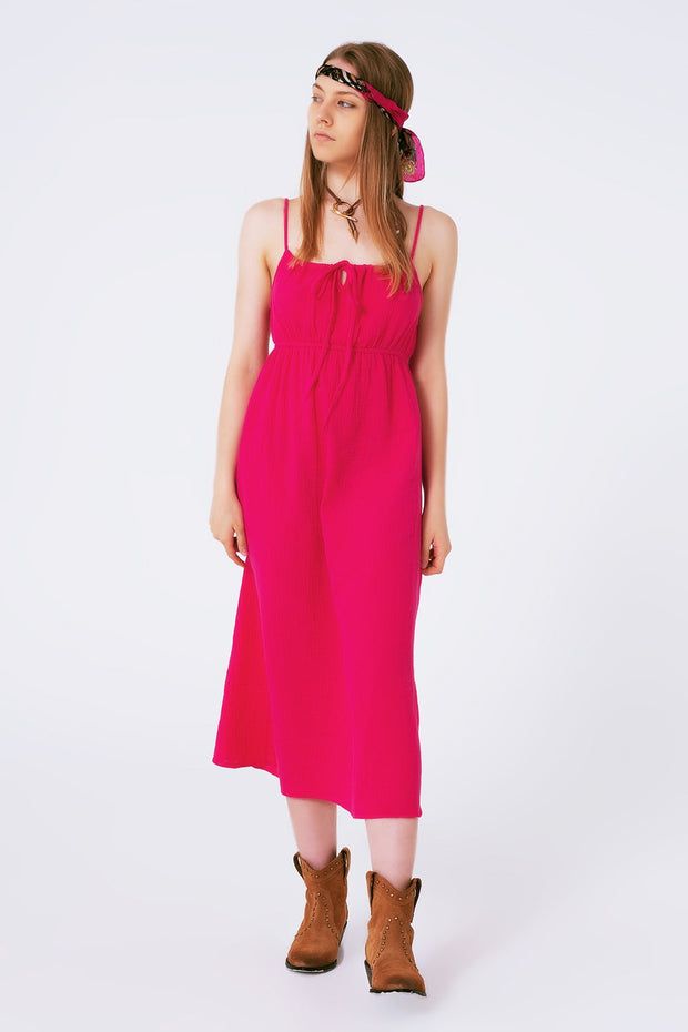 Maxi Fuchsia Summer Dress With Straps and Gathered Waist