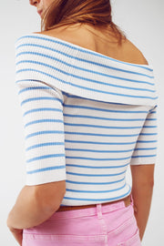 Boatneck Striped 3/4 Sleeve Shirt in Blue