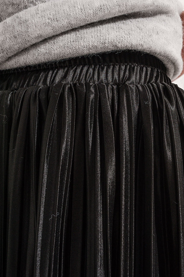 Shiny Black Pleated Midi Skirt