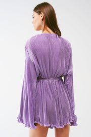 Satin Wrap Deatil Pleated Romper in Lilac