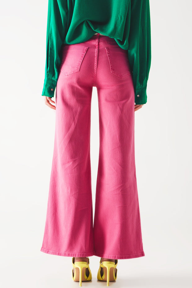 Cotton Blend Wide Leg Jeans in Pink