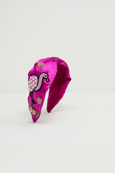 Fuchsia Satin Headband With Embroidered Flamigos