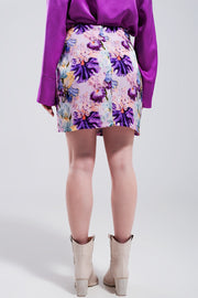 Mini Skirt With Knot Front in Purple Clashing Floral Print