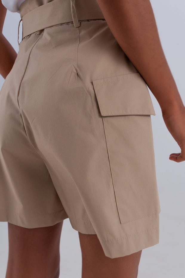 Longline Wide Leg Bermuda Shorts in Beige