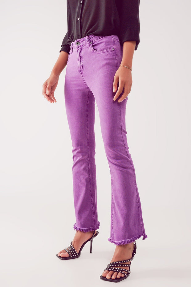 Flare Jeans With Raw Hem Edge in Purple