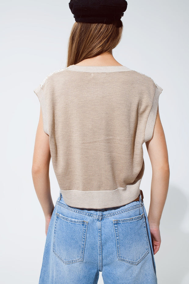 Knitted Cropped Vest With Rib Trim in Beige