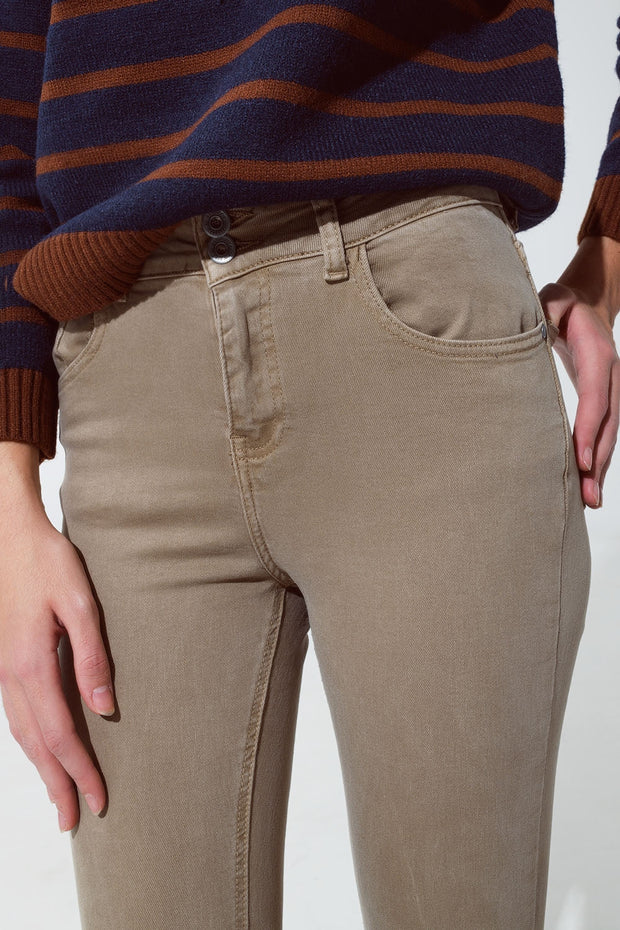 Skinny Flared Jeans With Double Button Detail in Beige