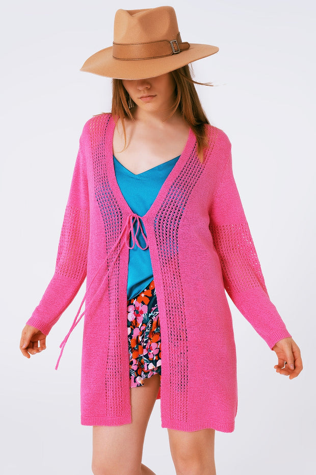 Midi Crochet Drawstring Cardigan in Pink