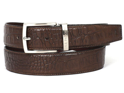 PAUL PARKMAN Men's Crocodile Embossed Calfskin Leather Belt (ID#B02-BRW)