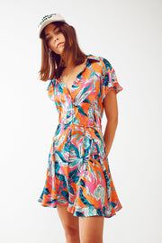 Belted Mini Shirt Dress With Floral Print in Orange