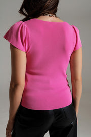 Square Neck Puff Sleeve Sweater in Pink