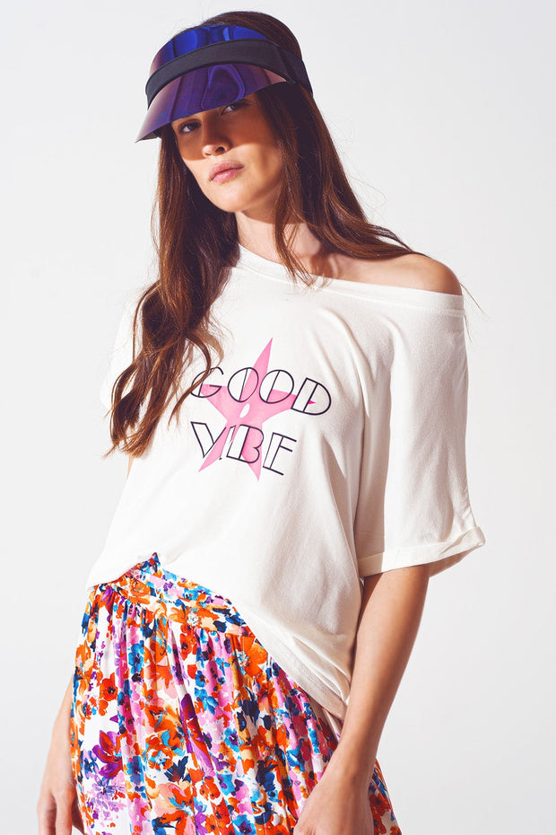 Boat Neack T-Shirt With Good Vibe Text in White and Pink