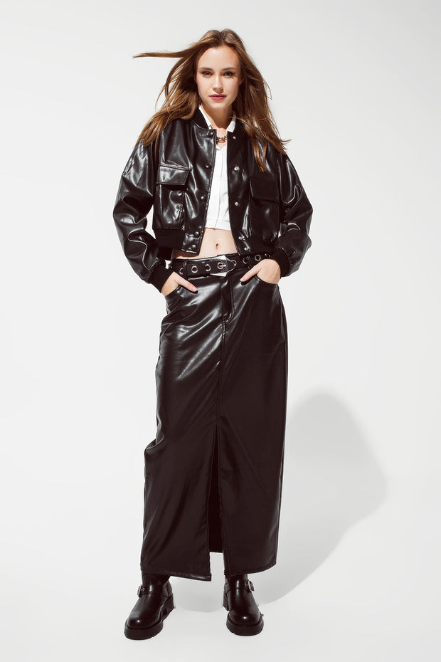 Metallic Bomber Jacket With Front Pockets in Black