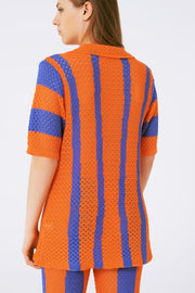 Orange Striped Crochet Knitted Cardigan